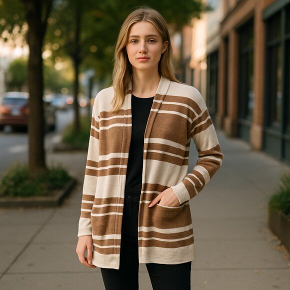 NWOT BANANA REPUBLIC Striped Relax Fit Open Front Cardigan Pockets - Picture 1 of 7